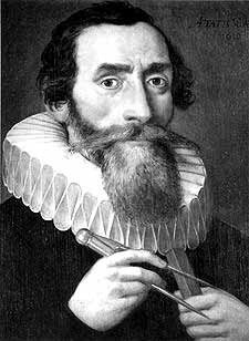 A 1610 portrait of Johannes Kepler in a white ruff collar, holding a compass