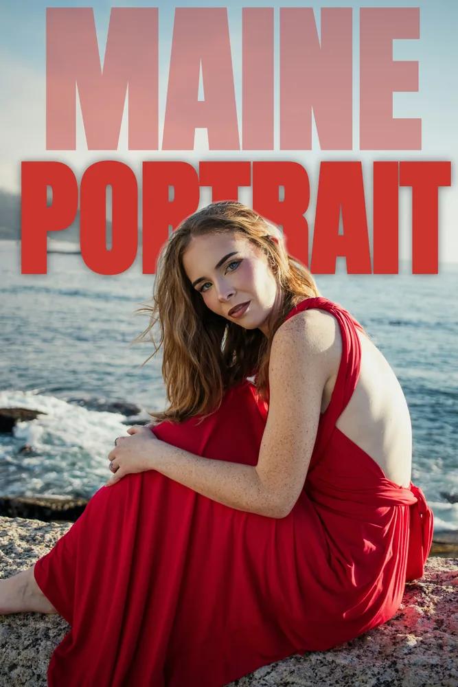 A coastal portrait with MAINE PORTRAIT set in red type running behind the subject's hair and shoulder.