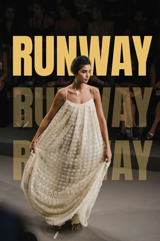 A runway photograph with the word RUNWAY set in heavy gold type that passes behind the model's head and shoulders.